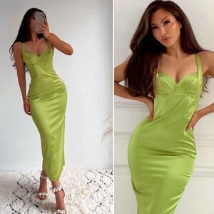 NEW Blogger Fave Viral Zara Lime Green Bustier Corset Push Up Satin Midi Dress